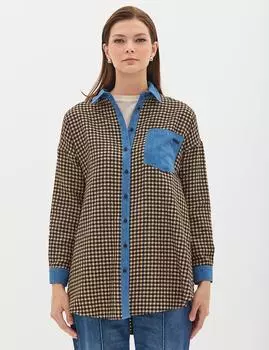 Джинсовая туника в клетку с украшением Темно-коричневый кремовый Kayra