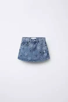 Джинсовая юбка-бермуды со звездами ZARA, синий