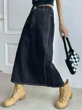 Джинсовая юбка DAZY Kpop, завышенная талия, разрез сзади, темный джинсовый цвет.