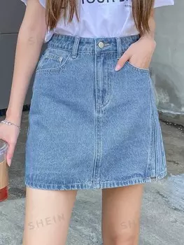 Джинсовая юбка, диагональный карман, разрез Dazy, синий