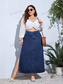 Джинсовая юбка Frenchy Plus с завышенной талией и разрезом на бедрах Shein, тёмно-синий