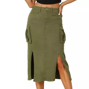 Джинсовая юбка-карго для женщин Y2k Джинсовые юбки миди с разрезом по краю и карманом ALLEGRA K, цвет Army Green