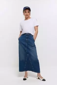 Джинсовая юбка макси миниатюрного размера с декоративной строчкой River Island, синий