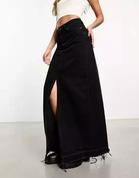 Джинсовая юбка макси с двумя разрезами ASOS черного цвета