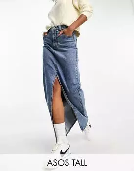 Джинсовая юбка макси с разрезами средней степени стирки ASOS DESIGN Tall