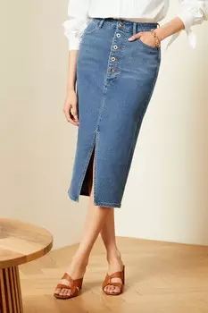 Джинсовая юбка макси с разрезом на пуговицах спереди Love & Roses, синий