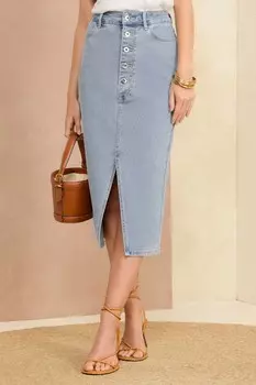 Джинсовая юбка макси с разрезом на пуговицах спереди Love & Roses, синий