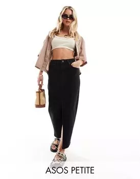 Джинсовая юбка макси с разрезом по краю ASOS DESIGN Petite черного цвета
