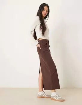 Джинсовая юбка макси с разрезом сзади в коричневом оттенке ASOS DESIGN