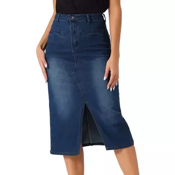 Джинсовая юбка миди для женщин. Джинсовые юбки с разрезом спереди и высокой талией. ALLEGRA K, цвет Dark Blue