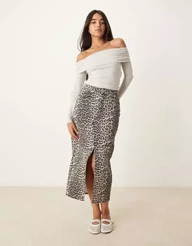 Джинсовая юбка миди с леопардовым принтом New Look