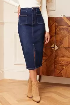 Джинсовая юбка миди с плетеным карманом Love & Roses, синий