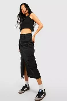 Джинсовая юбка миди с разделенными передними карманами Boohoo, черный