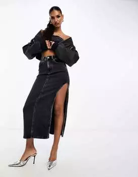 Джинсовая юбка миди с высоким разрезом ASOS черного цвета