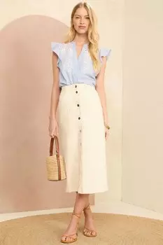 Джинсовая юбка миди с застежкой на пуговицы и отделкой ракушками Love & Roses, белый