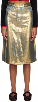 Джинсовая юбка-миди сине-золотого цвета с фольгированным покрытием GANNI