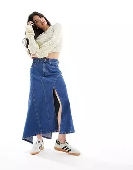 Джинсовая юбка миди среднего синего цвета ASOS DESIGN – DCONSTRUCTED