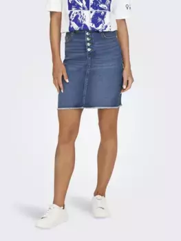 Джинсовая юбка ONLY "ONLHUSH MID WAIST VIS BUT RW SKIRT DNM", с потертым краем по низу, синий