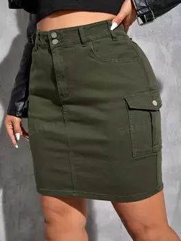 Джинсовая юбка с карманами и клапанами EZwear Plus Shein, армейский зеленый