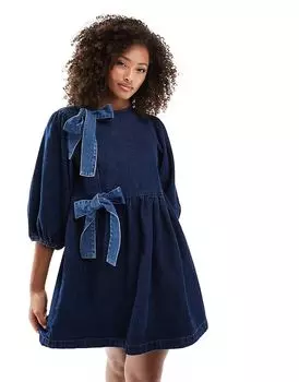 Джинсовое асимметричное платье-бантик цвета индиго ASOS DESIGN