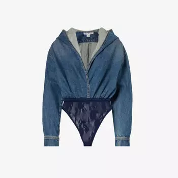 Джинсовое боди с глубоким вырезом и капюшоном Alaia, синий