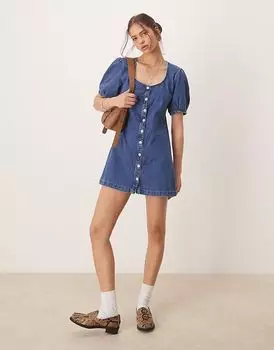 Джинсовое мини-платье ASOS DESIGN на пуговицах с рукавами-фонариками в цвете «полупрозрачный синий»
