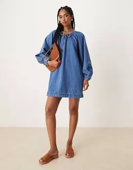 Джинсовое мини-платье ASOS DESIGN с рукавами-фонариками в цвете «полупрозрачный синий»