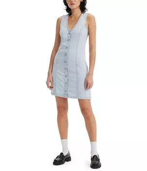 Джинсовое мини-платье без рукавов и пуговиц Levi's Thora с V-образным вырезом спереди, синий