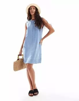 Джинсовое мини-платье без рукавов Pieces светло-голубого цвета