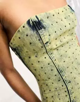 Джинсовое мини-платье цвета хаки с бриллиантами Kyo The Brand