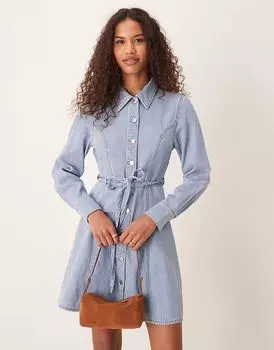 Джинсовое мини-платье JDY с поясом светло-голубого цвета