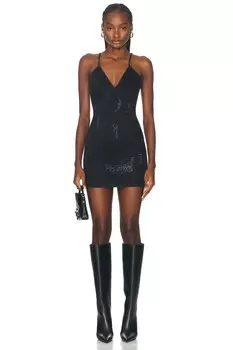 Джинсовое мини-платье на бретельках со стразами и перьями David Koma, черный