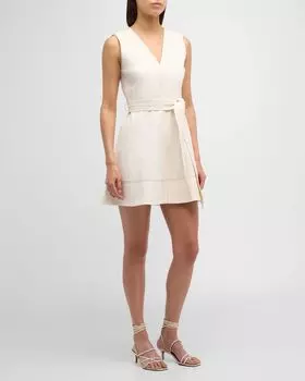 Джинсовое мини-платье Reina без рукавов с поясом и V-образным вырезом Tanya Taylor, цвет Chalk