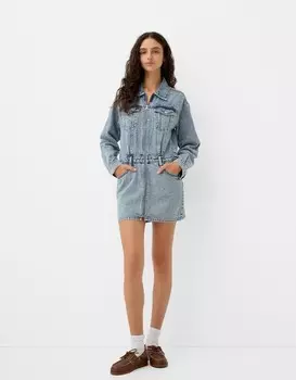 Джинсовое мини-платье с молнией Bershka, голубой