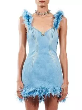 Джинсовое мини-платье со страусиными перьями Area, цвет Light Blue