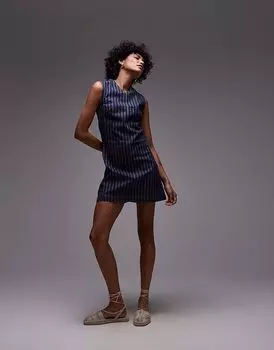 Джинсовое мини-платье Topshop с v-образным вырезом в красную и индиго полоску