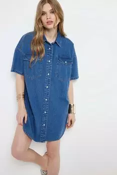 Джинсовое мини-платье застегивающееся на пуговицы спереди River Island, синий