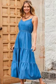 Джинсовое многоярусное платье миди Sosandar, синий