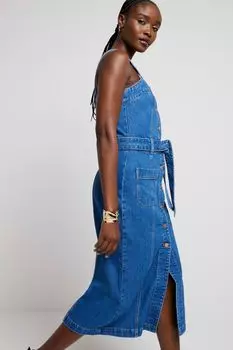 Джинсовое облегающее платье миди с поясом River Island, синий