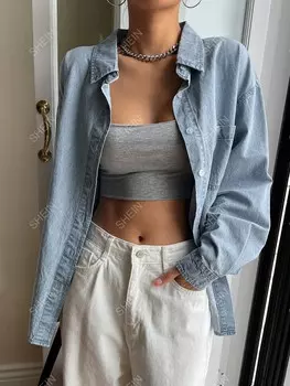 Джинсовое пальто Kpop, с открытыми плечами, накладной карман Dazy, светло-голубой