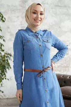 Джинсовое Платье Asela На Пуговицах С Поясом - Синий InStyle