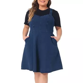 Джинсовое платье больших размеров для женщин, джинсовые платья трапециевидной формы с регулируемыми бретелями и карманами Agnes Orinda, цвет Dark Blue