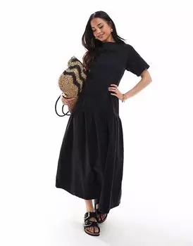 Джинсовое платье-футболка миди ASOS DESIGN с заниженной талией черного цвета