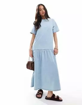 Джинсовое платье-футболка миди ASOS DESIGN с заниженной талией в цвете средне-синего оттенка