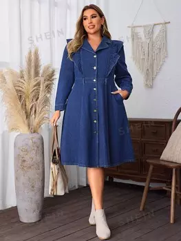 Джинсовое платье LUNE, длинные рукава, однотонное. Женщины больших размеров, ожидаемый образ Shein, синий