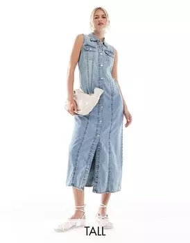 Джинсовое платье макси без рукавов и пуговицами Vero Moda Tall – винтажного синего цвета