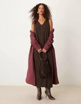 Джинсовое платье макси на пуговицах коричневого цвета ASOS DESIGN