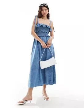 Джинсовое платье макси с оборками в горошек ASOS DESIGN