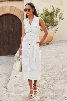 Джинсовое платье миди без рукавов с пуговицами Sosandar, бежевый