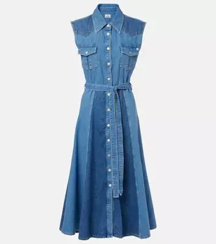 Джинсовое платье миди с поясом и панелями AG Jeans, Sunfaded Blue Patch